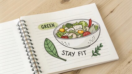 A drawn bowl of salad on a notebook with green text