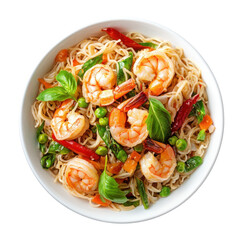 Delicious Shrimp Noodle Stir-Fry with Fresh Vegetables and Basil in a White Bowl on transparent background