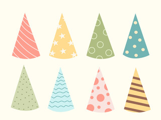  A charming collection of eight festive party hats in different colors and patterns: stripes, stars, dots, waves. Perfect for birthday celebrations, invitations, banners, and holiday designs