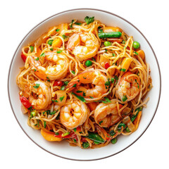 Flavorful Shrimp Stir-Fry with Noodles and Colorful Vegetables in a White Bowl on transparent background