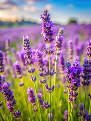 Obraz premium A close-up of isolated lavender flowers with green stems standing in a field on a sunny day