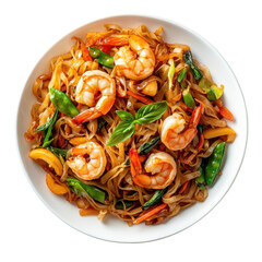 Delicious Shrimp Stir-Fry with Noodles and Colorful Vegetables in a White Bowl on transparent background