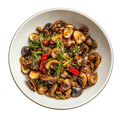 Flavorful Stir-Fried Clams with Mushrooms and Chili, Garnished with Green Onions in a White Bowl on transparent background