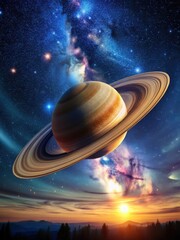 Naklejka premium Starry Night Sky with Saturn's Rings
