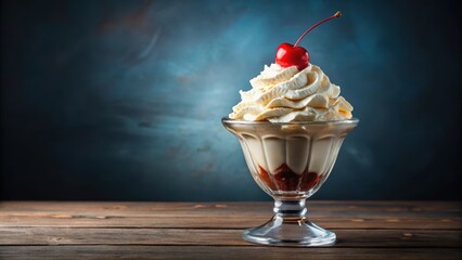 Creamy whipped topping floats on top of a classic ice cream sundae with a maraschino cherry garnish