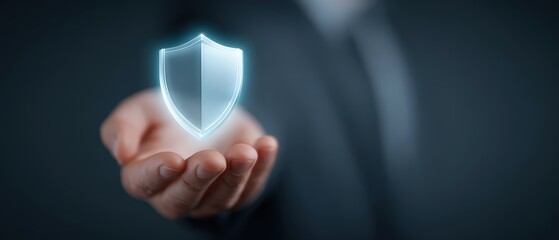 Businessman Hand Holding Holographic Shield Symbol Representing Security and Protection Concept in Digital World