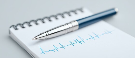Silver Pen Resting on a Notepad with Heartbeat Line Illustration on Gray Background