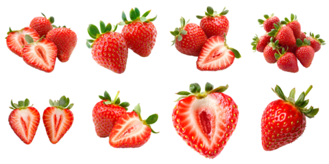 A set of delicious ripe strawberries isolated on a transparent background PNG