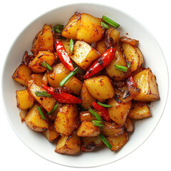 Spicy Stir-Fried Potatoes with Green Onions and Red Chilies in a White Bowl on transparent background