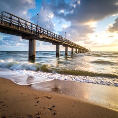 Fototapeta premium Wide pier over a sandy beach at sunset. Waves crash against the shore, while a sturdy pier extends into the ocean. Dramatic clouds and soft light paint the sky