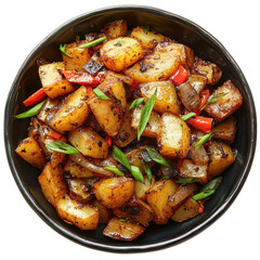 Savory Stir-Fried Potatoes with Peppers and Green Onions in a Black Bowl on transparent background