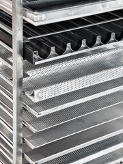 Stainless steel shelving unit with various racks showcasing food preparation equipment in a commercial kitchen space