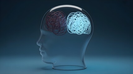 A 3D render of a human head silhouette made of glass. Inside, a chaotic, tangled mess of dark lines slowly untangles into a calm