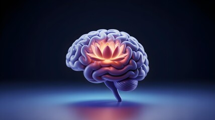 A 3D glassmorphism icon of a human brain with a small, glowing lotus flower blooming inside.