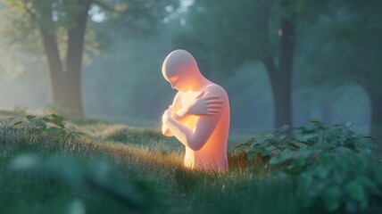 A 3D Self-Compassion concept a stylized, minimalist human figure gently hugging itself, with a soft glow around it.