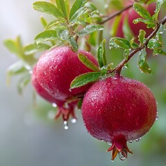 A serene and tranquil close-up of delicate dewdrops sparkling on the surface of juicy, ripe pomegranates with deep red, glossy skins. 