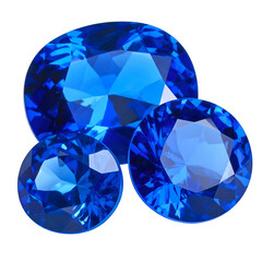 Fototapeta premium Three dazzling sapphire gems, varying in size, are shown against a stark black background
