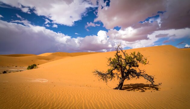 A lone tree in a vast, sandy desert landscape under a partly cloudy sky