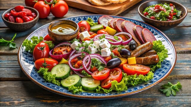 Plezavica on a plate with Serbian urnebes salad and Balkan side dishes, burger, burger plate