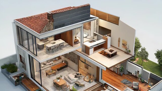 Modern house cross section showing interior floor plans