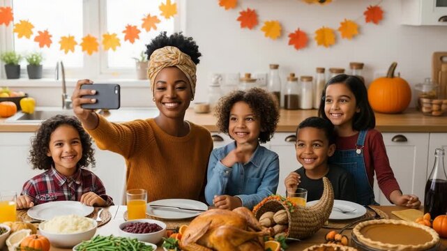 Young african american mother and her children have fun taking self. happy black family celebrate Thanksgiving day. Young african american mother and her children have fun taking selfies on smartphone