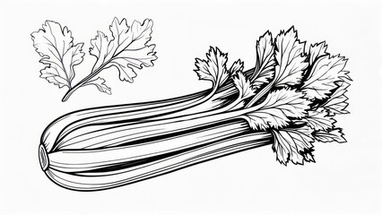 Hand drawn celery stalk with leaves botanical illustration sketch.