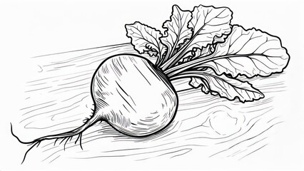 Hand-drawn illustration of a fresh beet with leaves on a wooden surface, black and white sketch.