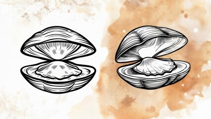 Hand drawn oyster shell vector illustration set.