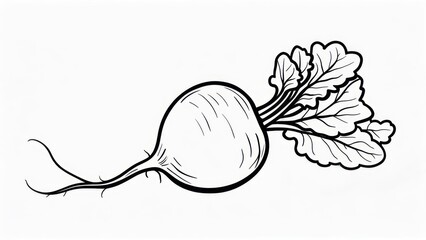 Hand-drawn black and white radish with leaves, fresh vegetable illustration.