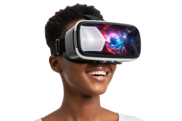 Young Woman Explores a Vibrant Galaxy Within Virtual Reality, Expressing Joy and Wonder on transparent background