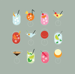 Cocktails set margarita, mojito, martini, old fashioned, cosmopolitan, bloody mary, whiskey sour, mai tai, pina colada, negroni drawing in minimalist line style on grey background