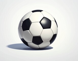 Obraz premium Classic black and white soccer ball with traditional pentagon and hexagon pattern, resting on light surface with shadow cast to the right, isolated and visually striking sports object.