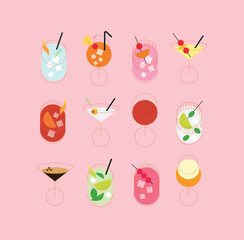 Cocktails set margarita, mojito, martini, old fashioned, cosmopolitan, bloody mary, whiskey sour, mai tai, pina colada, negroni drawing in minimalist line style on pink background