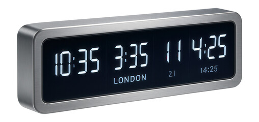 A digital clock showing multiple time zones for a connected home office.