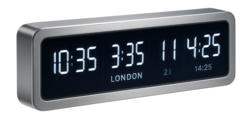 A digital clock showing multiple time zones for a connected home office.