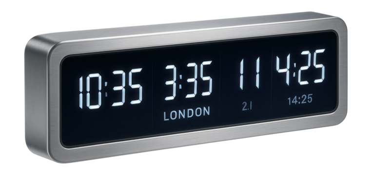 A digital clock showing multiple time zones for a connected home office.