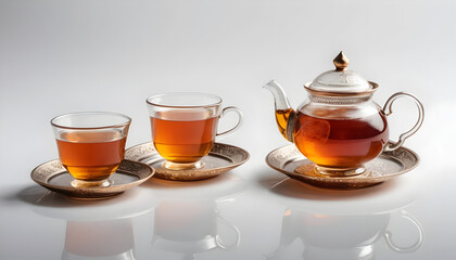 Fototapeta premium Glass Teapot with Two Tea Cups on Silver Trays Elegant Hot Tea Serving