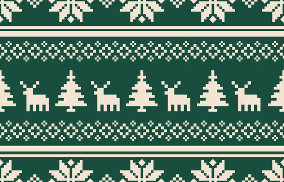 Christmas and New Year green and white seamless pattern, fairytale pixel pattern in white and green with Nordic snowflakes for winter hats, ugly sweaters, jumpers. wallpaper, paper or other design	
