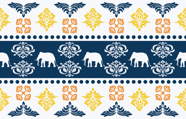 Fototapeta premium Elephant pattern. Seamless. White stripes, blue background. Ethnicity. Floral patterns, printed fabrics, pants, Lanna. 