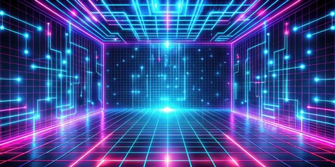 High-tech neon grid background with pulsing lights and futuristic circuitry design for modern technology events and live broadcasts, conference, neon grid