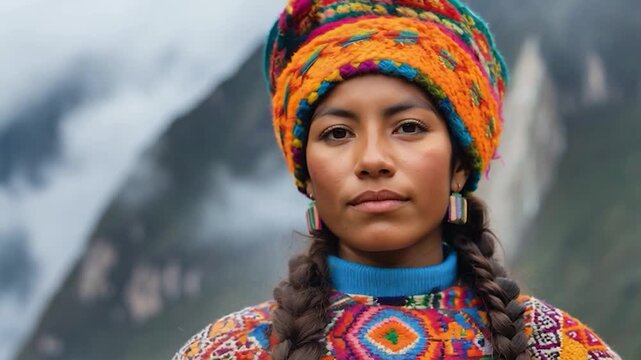 Young Peruvian Woman in Traditional Colorful Clothing and Hat.