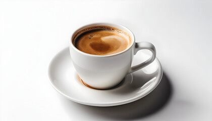 White Ceramic Coffee Cup with Foam on Hot Coffee on White Background