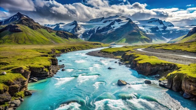 Glacial river with turquoise water flowing into the ocean, surrounded by snow-capped mountains and lush greenery in Iceland's rugged landscape, serenity, glacier