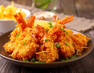 Crispy battered shrimp with lemon and chips
