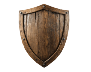 Detailed wooden shield with metal accents medieval style on transparent background