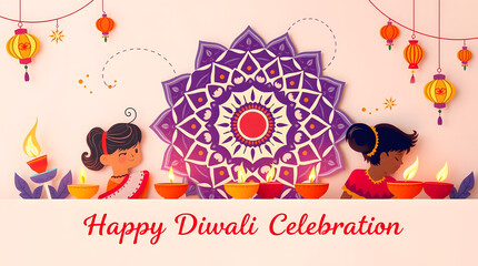 Two Indian girls lighting diyas with purple mandala background, hanging lanterns, colorful lamps, joyful “Happy Diwali Celebration”.
