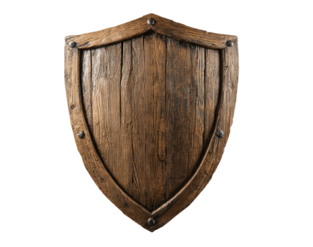 Detailed wooden shield with metal accents medieval style on transparent background