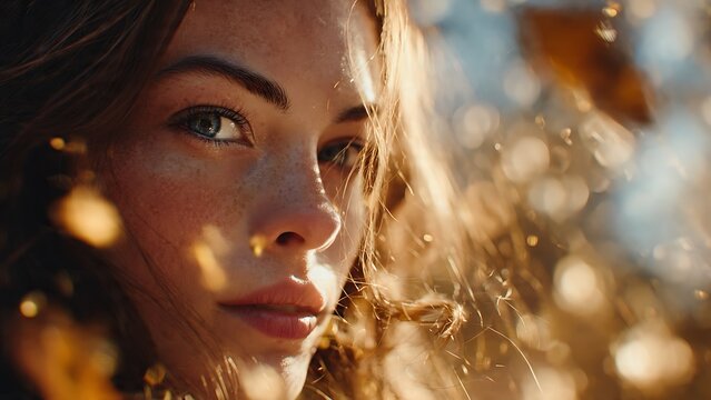 Extreme Close-up Dramatic Portrait of Young Woman with Freckles and Blue Eyes Surrounded by Golden Autumn Leaves