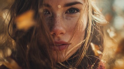 Extreme Close-up Dramatic Portrait of Young Woman with Freckles and Blue Eyes Surrounded by Golden Autumn Leaves