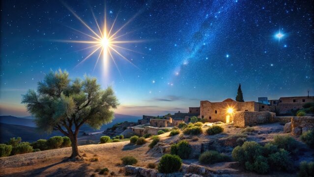 A single shining star in the night sky above a quiet Bethlehem landscape with ancient stone buildings and trees , peaceful, starry night